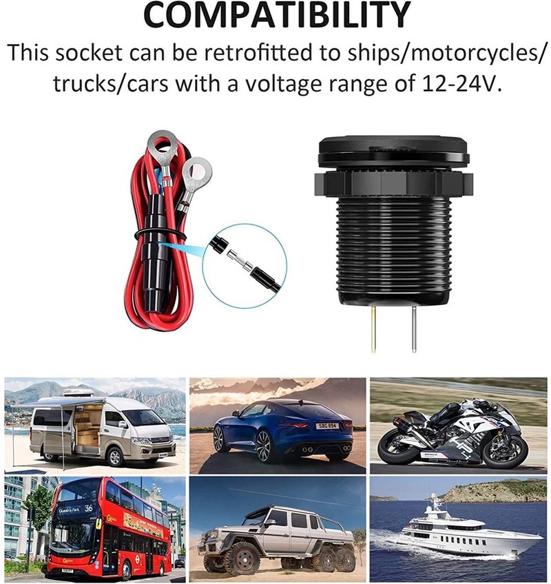 Y&D IP66 Waterproof Aluminum Alloy 12V QC 3.0 Fast Charger Dual USB & Type C Car Charger Socket, Automobile Chargers for Phone Tablet - Image 3